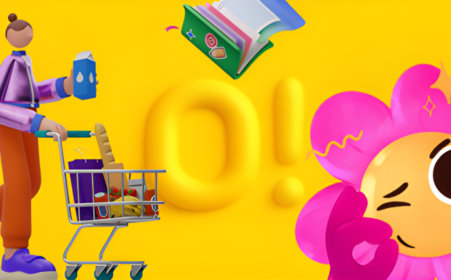 Colorful yellow background with a woman with a shopping cart and a large pink flower