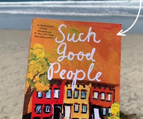 Book cover of Such Good People, on a beach with the sky and ocean behind